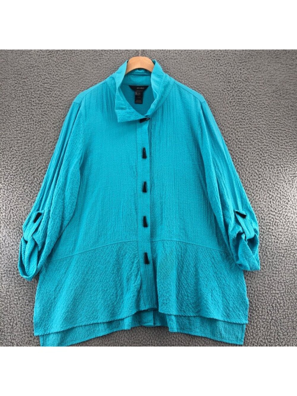 Ali Miles Shirt Womens Large Turquoise Crinkle Long Sleeve Button Up Wire Collar